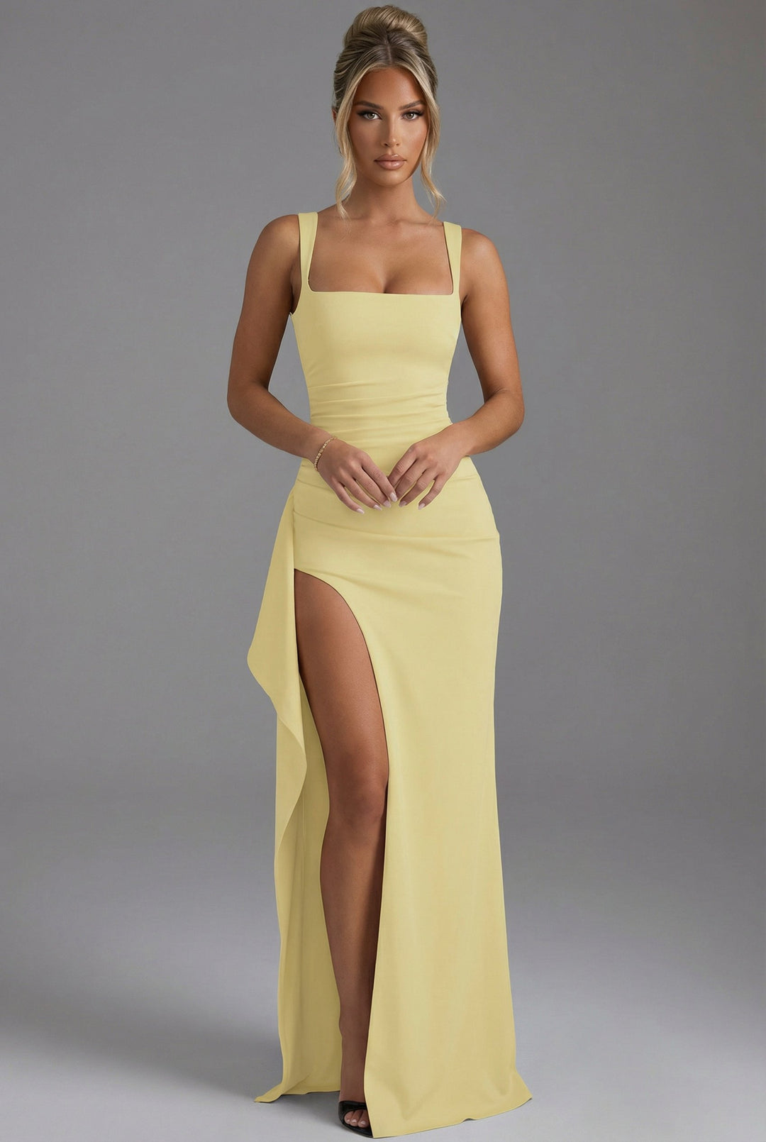 Damen Bodycon Maxikleid mit Beinschlitz und offenem Rücken - Yellow