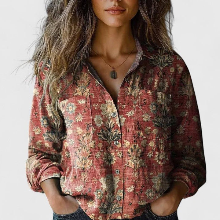 Damen Boho Bluse Langarm geknöpft mit Blumenmuster - Rot