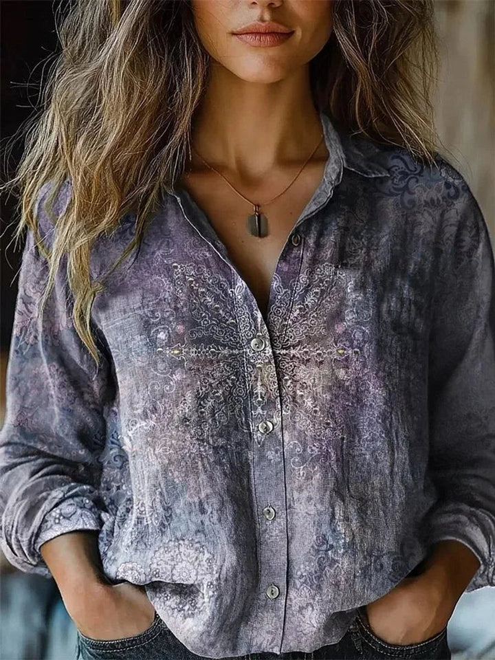 Damen Boho Bluse Langarm geknöpft mit Blumenmuster - Lila