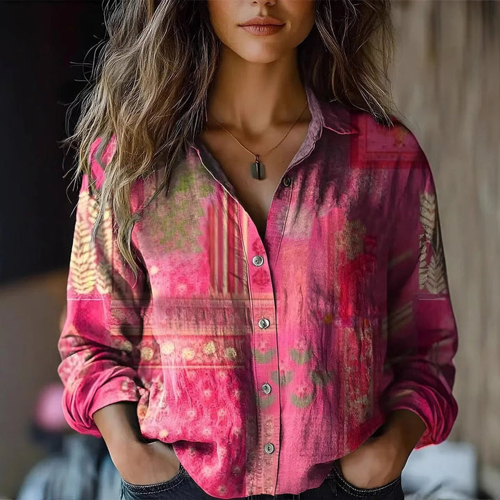 Damen Boho Bluse Langarm geknöpft mit Blumenmuster - Rosa
