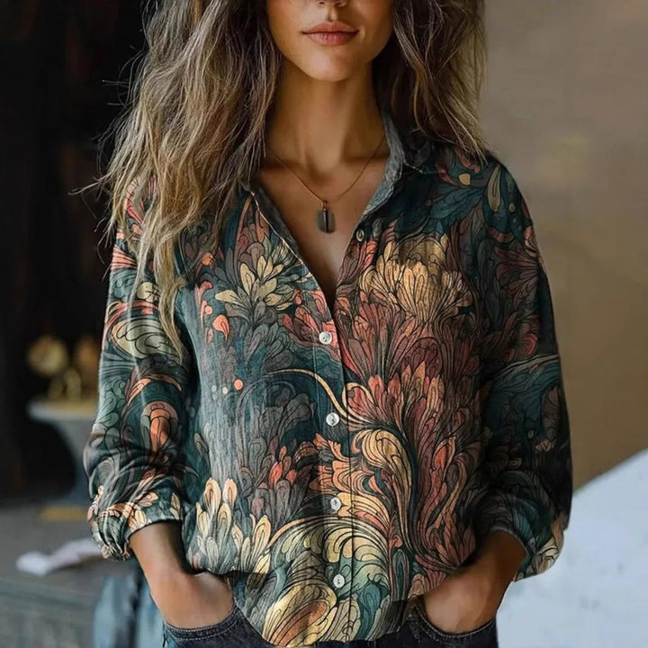 Damen Boho Bluse Langarm geknöpft mit Blumenmuster - Dunkelgrün