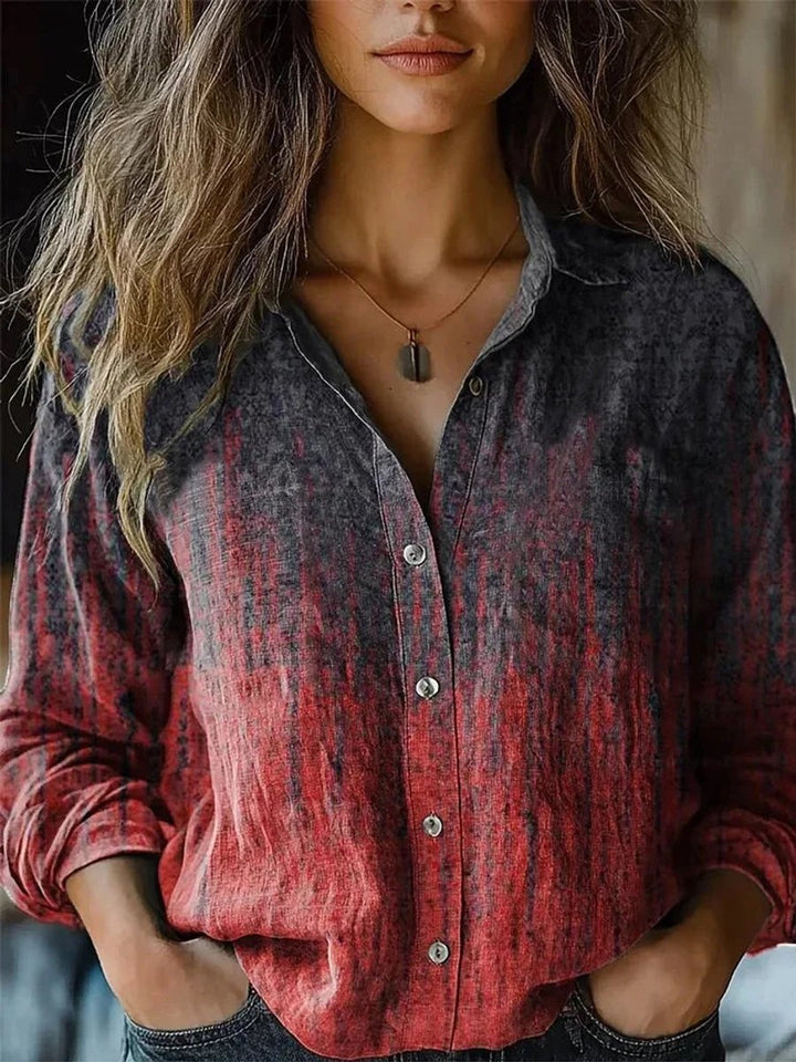 Damen Boho Bluse Langarm geknöpft mit Blumenmuster - Rot-Dunkelgrau