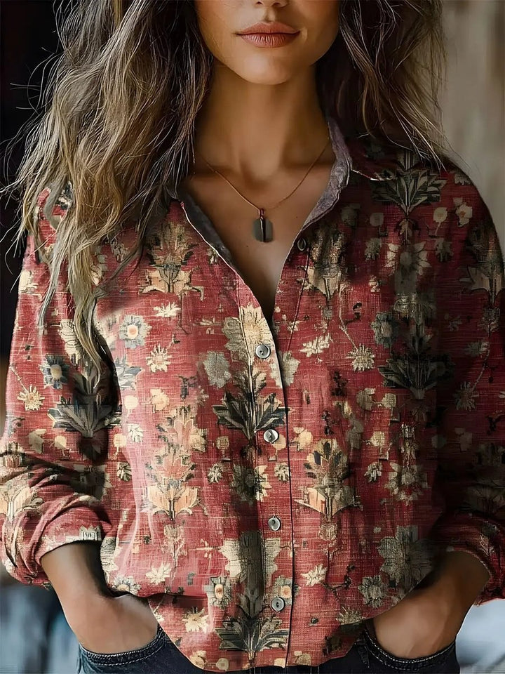 Damen Boho Bluse Langarm geknöpft mit Blumenmuster