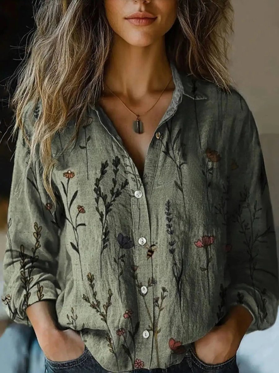 Damen Boho Bluse Langarm geknöpft mit Blumenmuster - Olivgrün