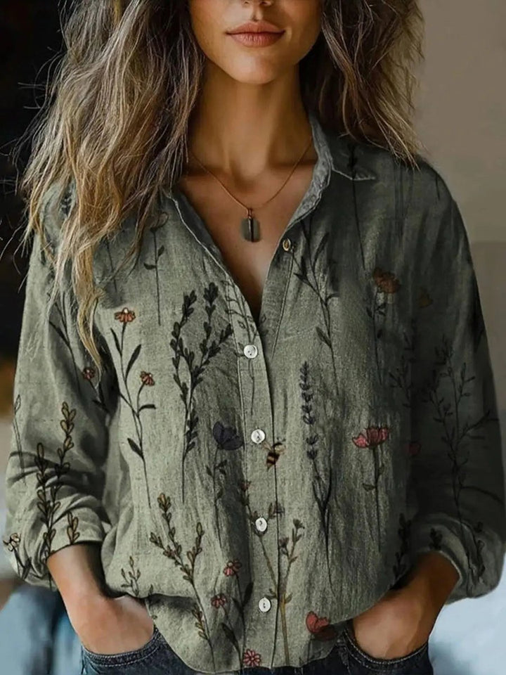 Damen Boho Bluse Langarm geknöpft mit Blumenmuster - Olivgrün