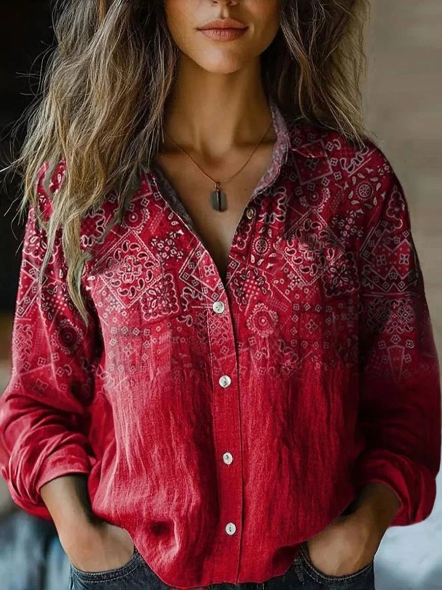 Damen Boho Bluse Langarm geknöpft mit Blumenmuster - Tiefrot