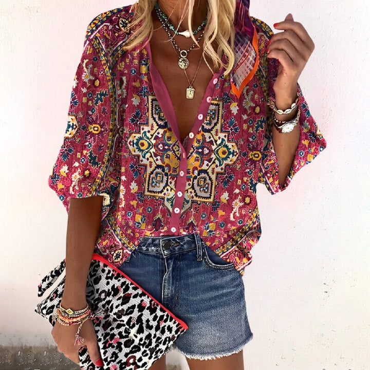 Damen Boho Bluse V-Ausschnitt Langarm Blumenmuster - Red