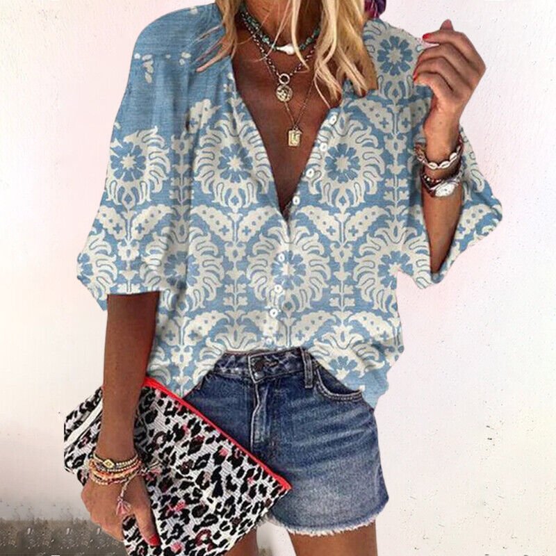 Damen Boho Bluse V-Ausschnitt Langarm Blumenmuster - Blue