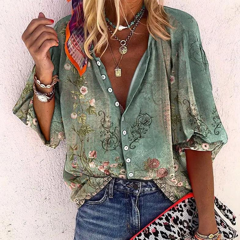 Damen Boho Bluse V-Ausschnitt Langarm Knopfleiste Blumendruck - Green
