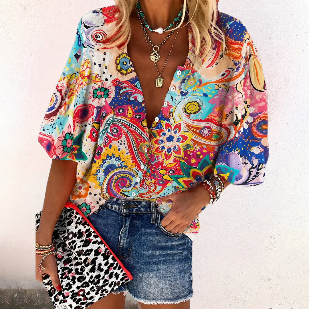Damen Boho Bluse V-Ausschnitt Langarm Knopfleiste Blumendruck - Pink