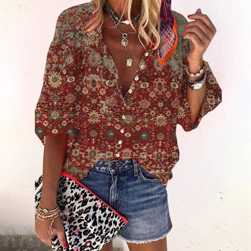 Damen Boho Bluse V-Ausschnitt Langarm Knopfleiste Blumendruck - Brown