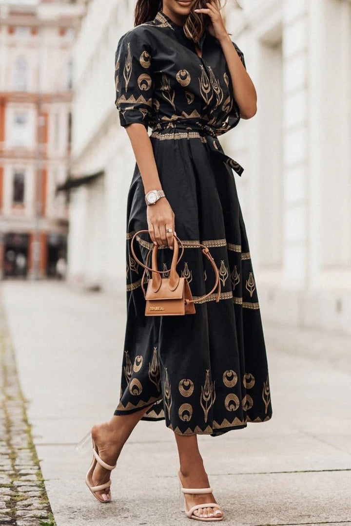 Damen Boho Gürtel Midi Kleid Dreiviertelarm Geometrisches Muster - Black
