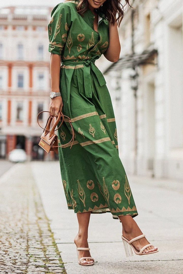 Damen Boho Gürtel Midi Kleid Dreiviertelarm Geometrisches Muster - Green