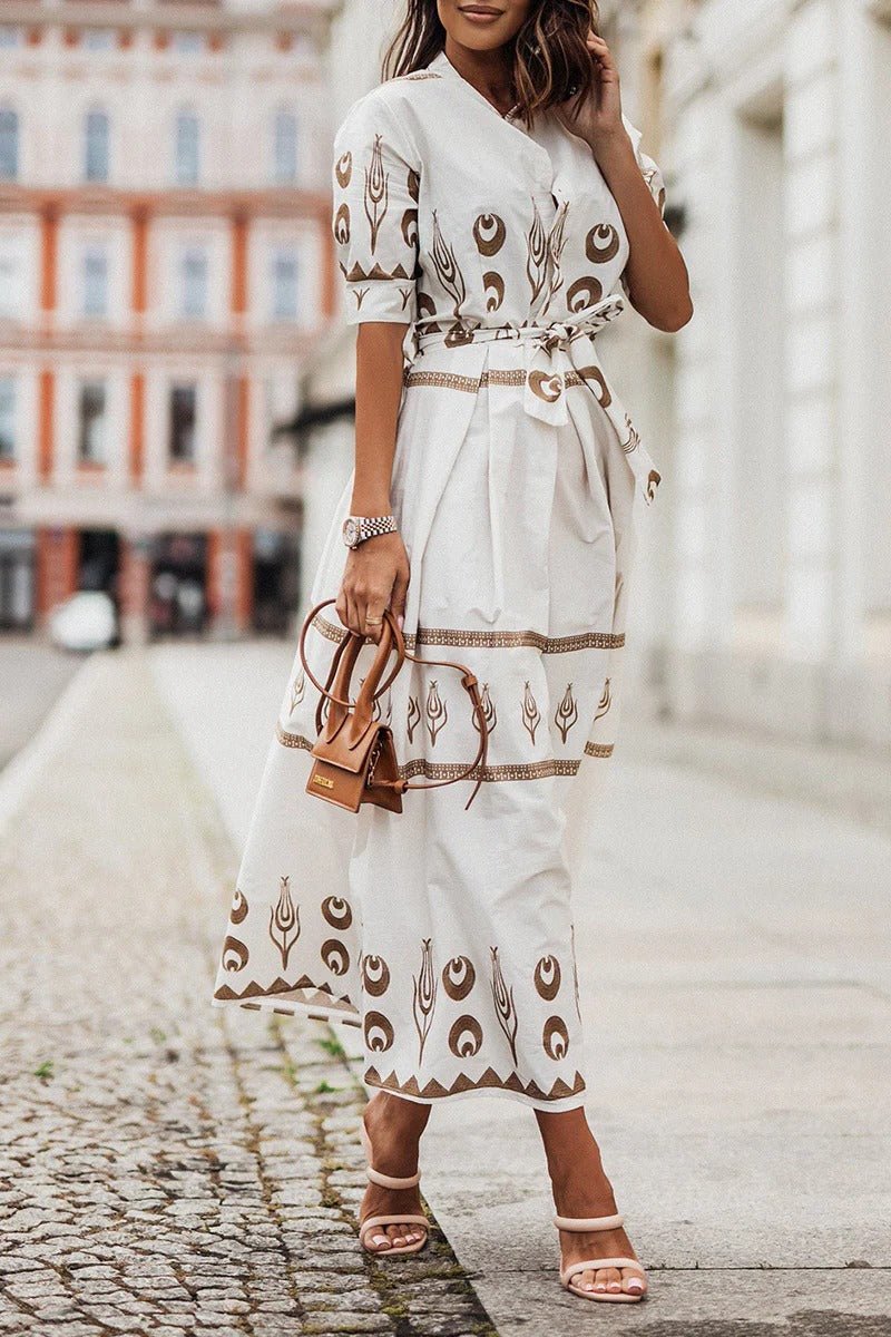 Damen Boho Gürtel Midi Kleid Dreiviertelarm Geometrisches Muster - White