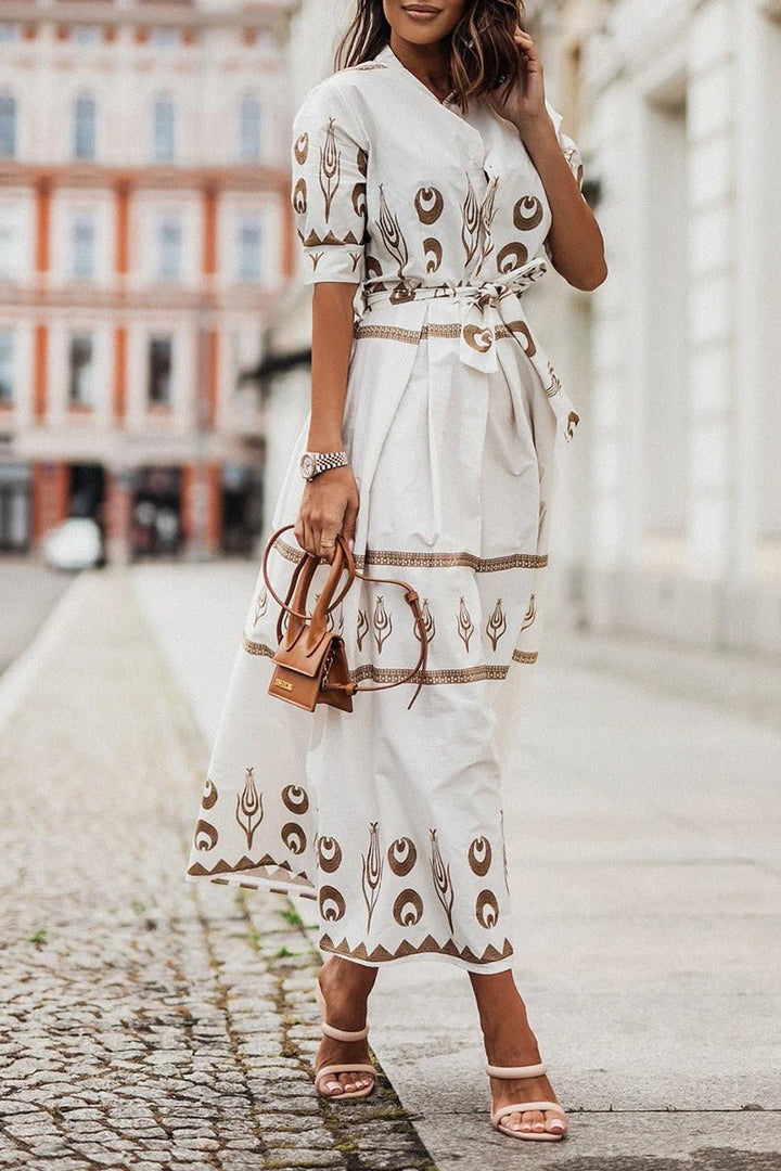 Damen Boho Gürtel Midi Kleid Dreiviertelarm Geometrisches Muster - White