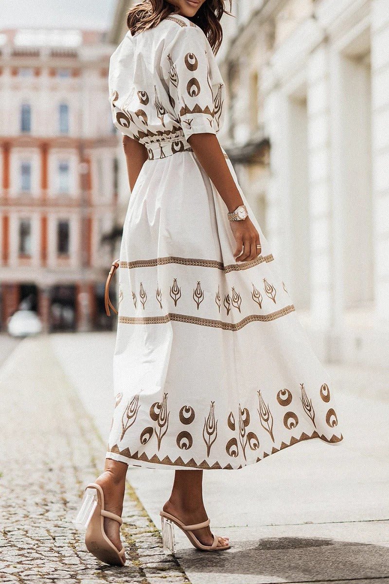 Damen Boho Gürtel Midi Kleid Dreiviertelarm Geometrisches Muster