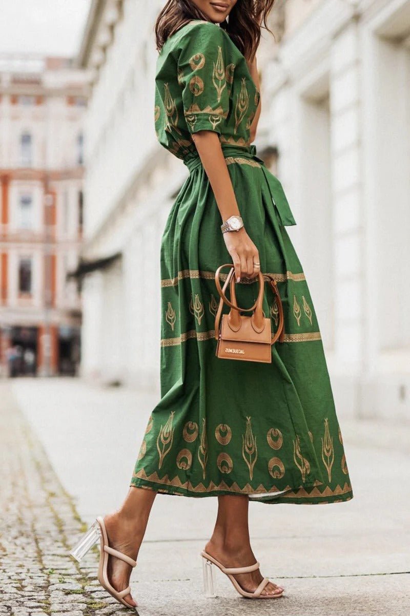 Damen Boho Gürtel Midi Kleid Dreiviertelarm Geometrisches Muster