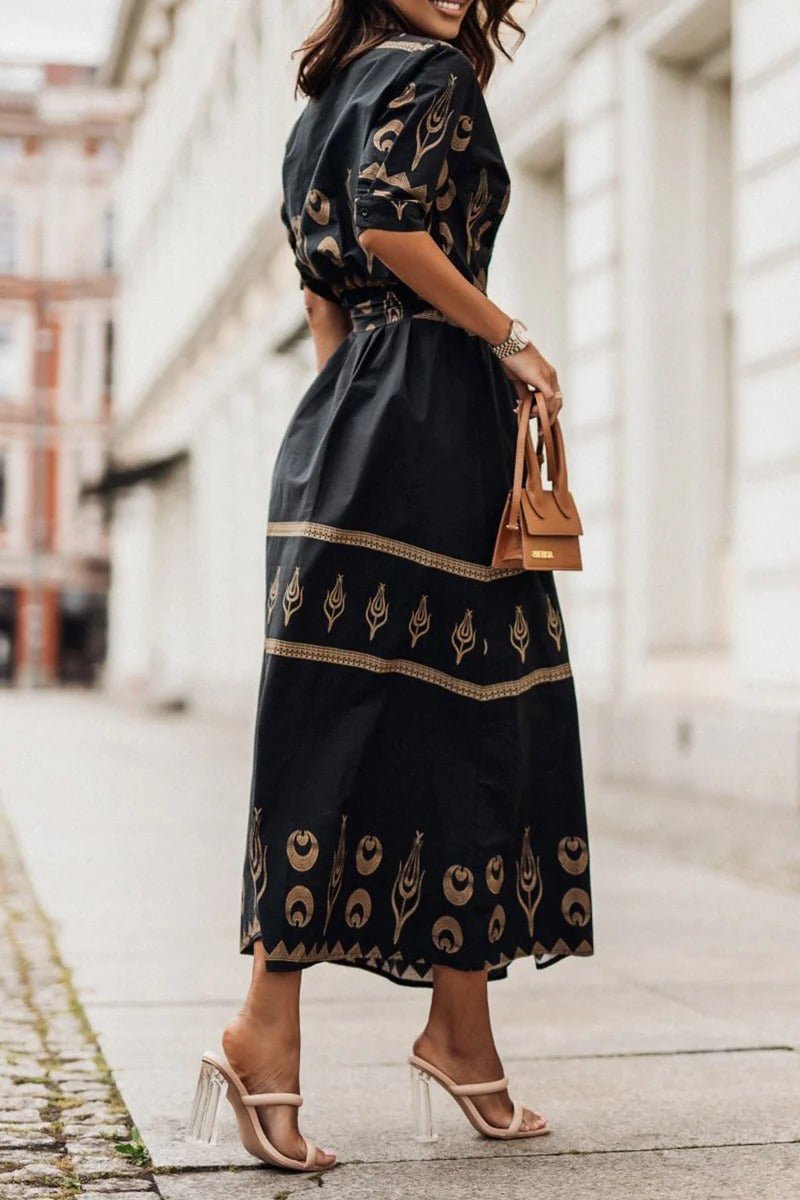 Damen Boho Gürtel Midi Kleid Dreiviertelarm Geometrisches Muster