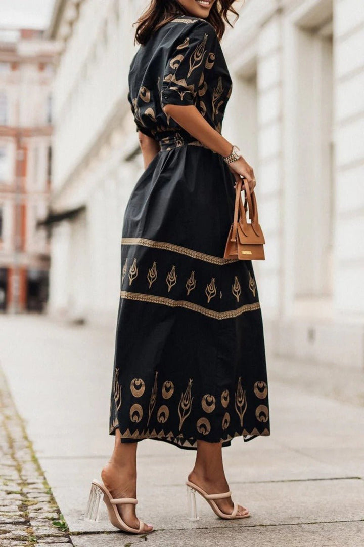 Damen Boho Gürtel Midi Kleid Dreiviertelarm Geometrisches Muster