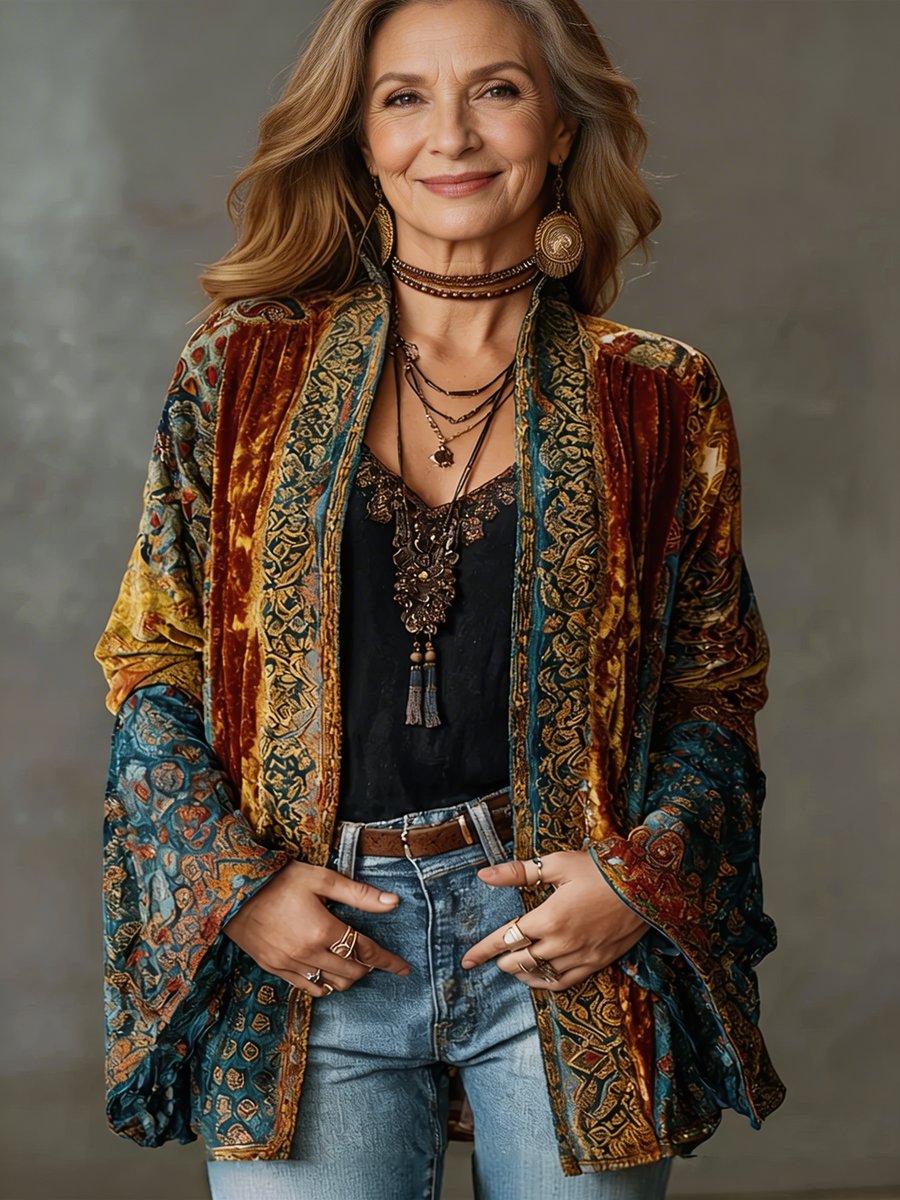 Damen Boho Kimono-Steppjacke Vintage Leichter Oversized Cardigan