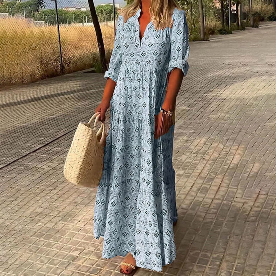 Damen Boho Maxi Cocktailparty-Kleid mit V-Ausschnitt floralem Print - Blau