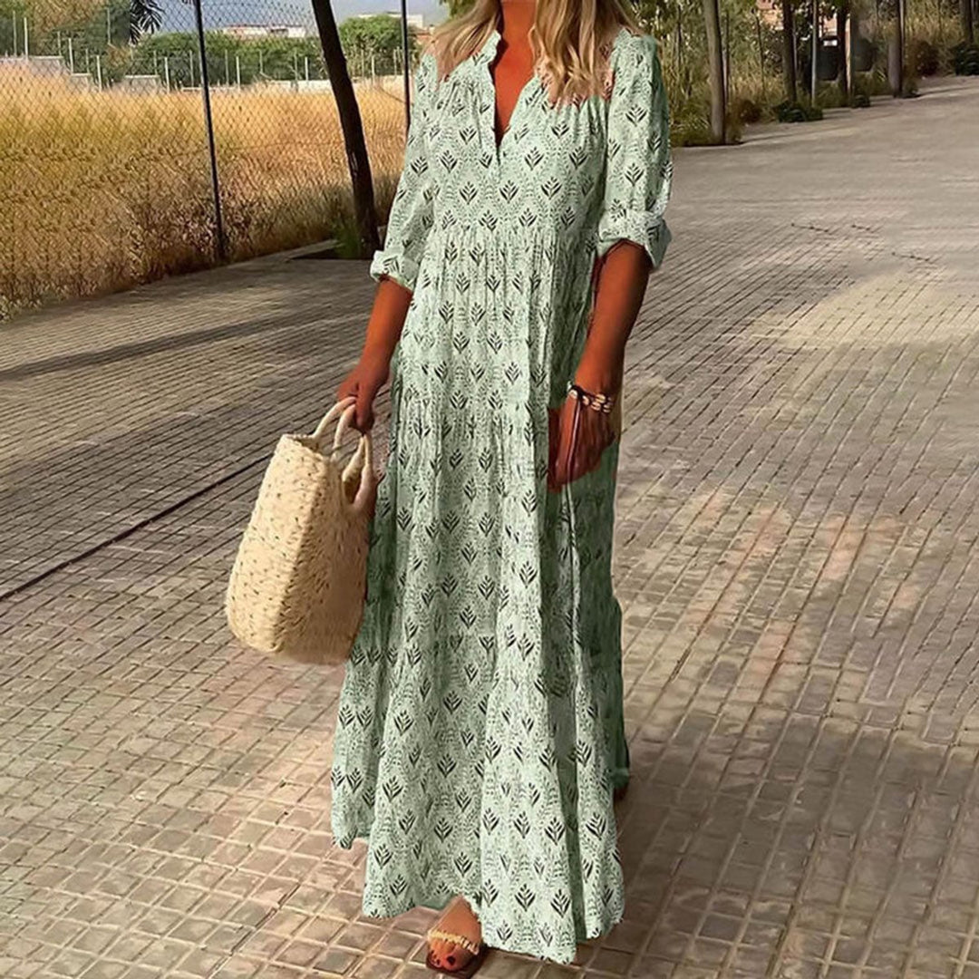 Damen Boho Maxi Cocktailparty-Kleid mit V-Ausschnitt floralem Print - Grün