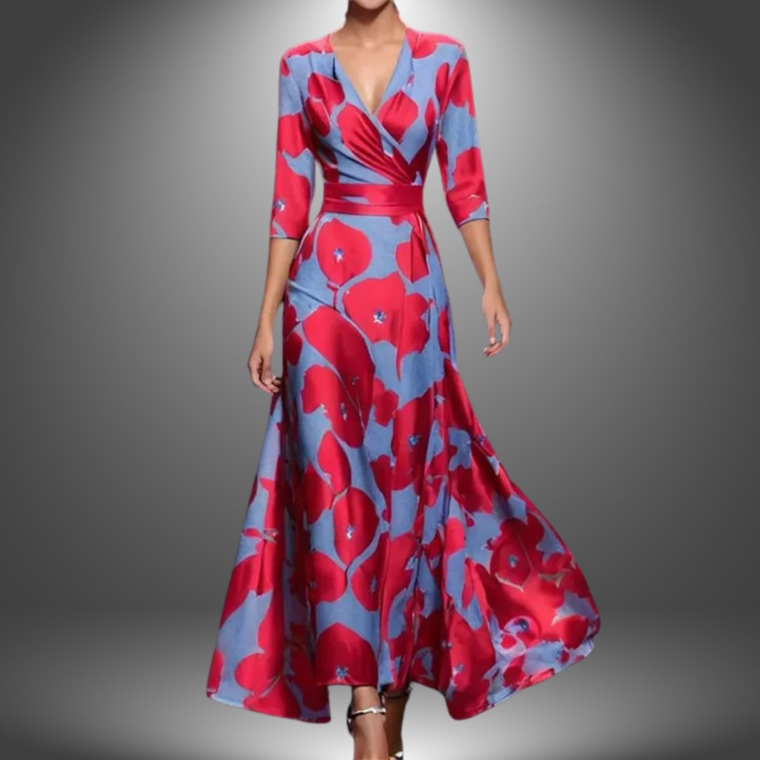 Damen Boho Maxi-Kleid mit V-Ausschnitt und 3/4-Ärmeln - Red