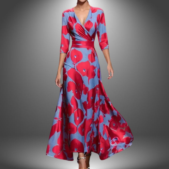 Damen Boho Maxi-Kleid mit V-Ausschnitt und 3/4-Ärmeln - Red