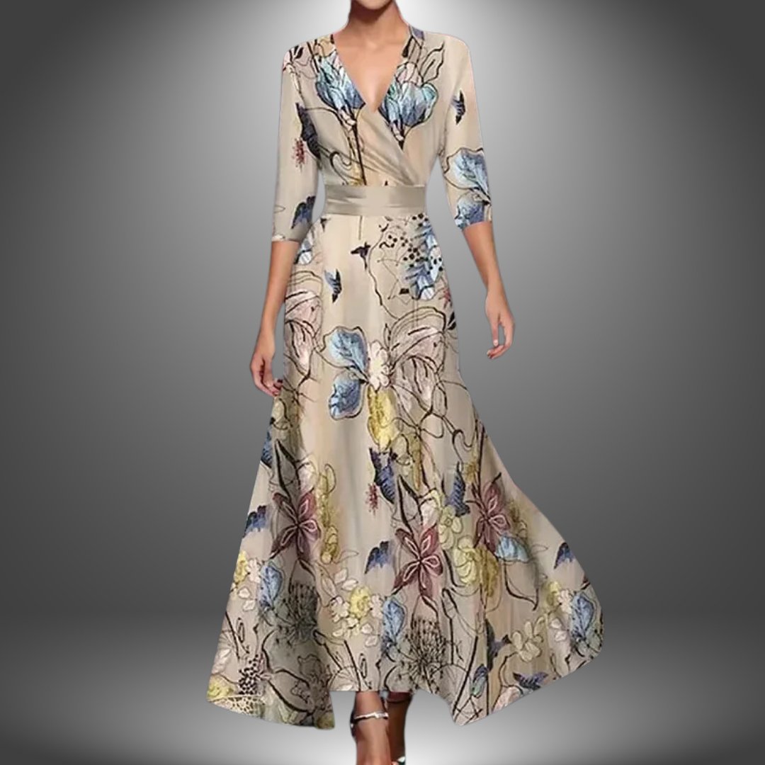 Damen Boho Maxi-Kleid mit V-Ausschnitt und 3/4-Ärmeln - Champagne