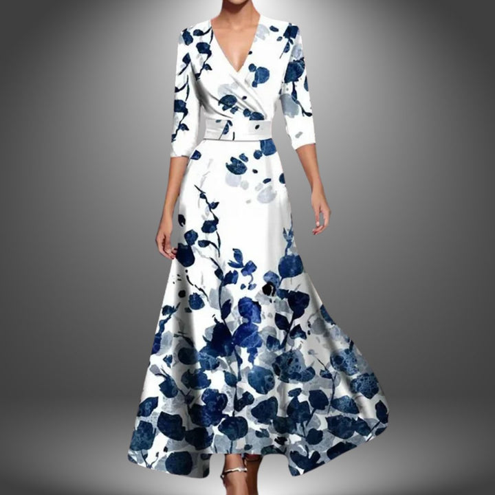 Damen Boho Maxi-Kleid mit V-Ausschnitt und 3/4-Ärmeln - White