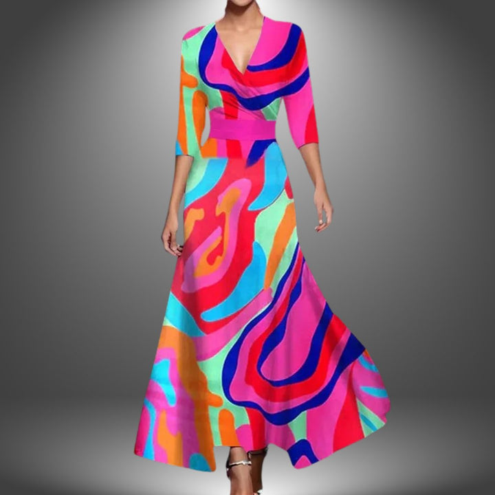 Damen Boho Maxi-Kleid mit V-Ausschnitt und 3/4-Ärmeln - Pink