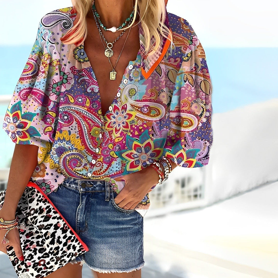 Damen Boho Paisley Dreiviertelarm Button-Up Bluse - Multicolor