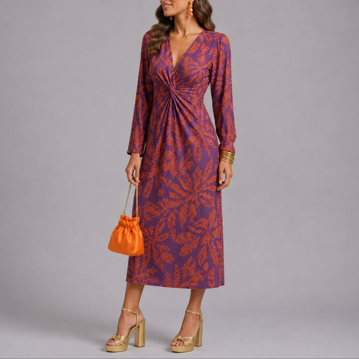 Damen Boho Twist-Front Midi Kleid für Hochzeitsgäste im Herbst - Lila