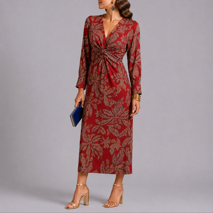 Damen Boho Twist-Front Midi Kleid für Hochzeitsgäste im Herbst - Rot