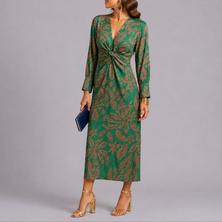 Damen Boho Twist-Front Midi Kleid für Hochzeitsgäste im Herbst - Grün
