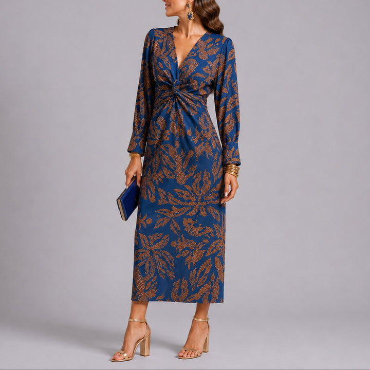 Damen Boho Twist-Front Midi Kleid für Hochzeitsgäste im Herbst - Blau