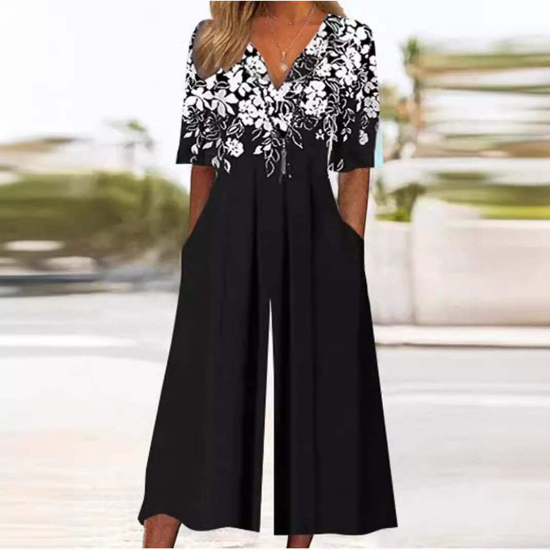 Damen Boho V-Ausschnitt Halbarm Jumpsuit mit Taschen - Black