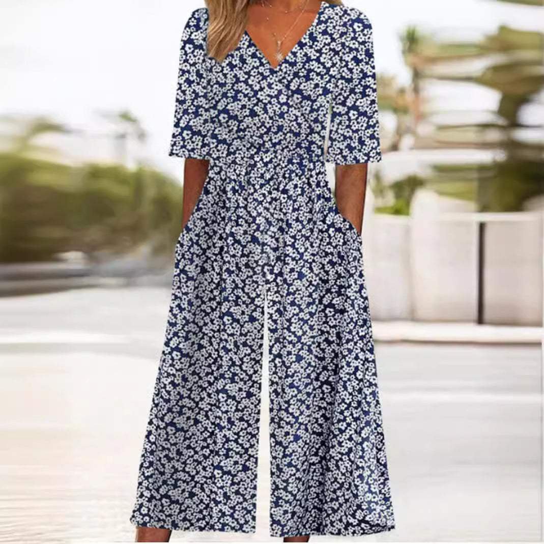 Damen Boho V-Ausschnitt Halbarm Jumpsuit mit Taschen - White