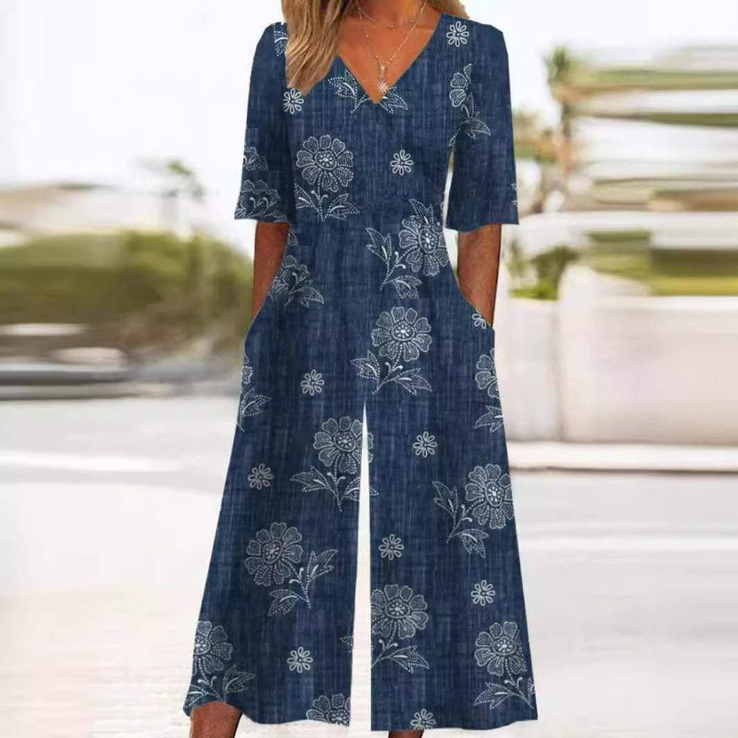 Damen Boho V-Ausschnitt Halbarm Jumpsuit mit Taschen