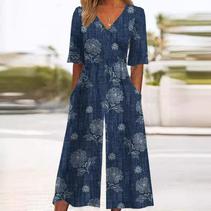 Damen Boho V-Ausschnitt Halbarm Jumpsuit mit Taschen