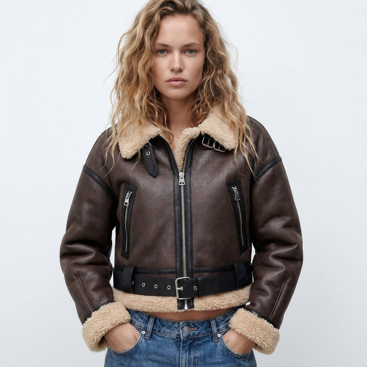 Damen Bomber Jacke Lammfell doppelseitig warm - Brown