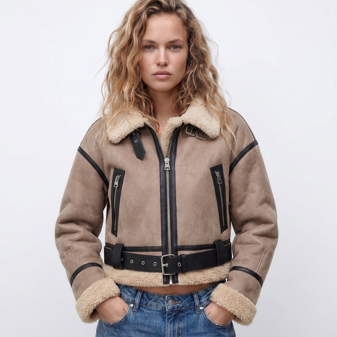 Damen Bomber Jacke Lammfell doppelseitig warm - Khaki