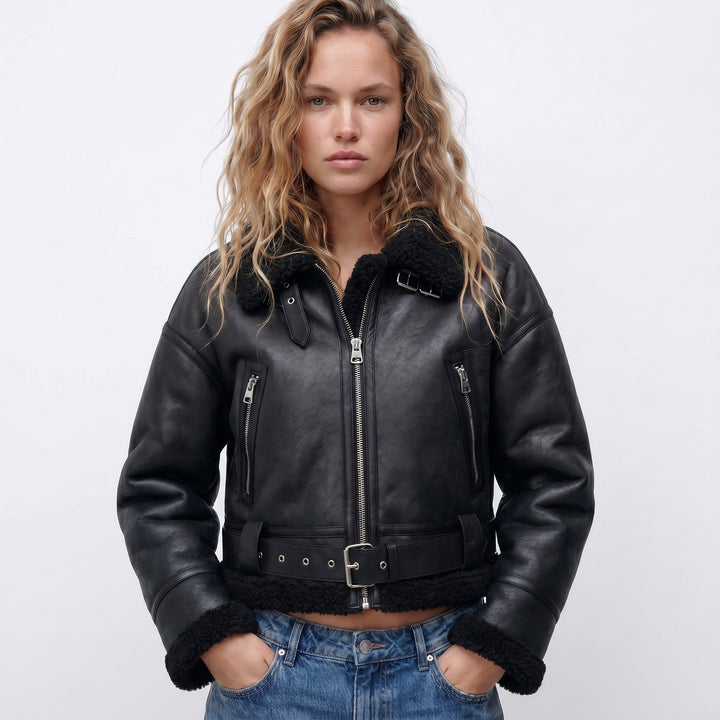 Damen Bomber Jacke Lammfell doppelseitig warm - Black