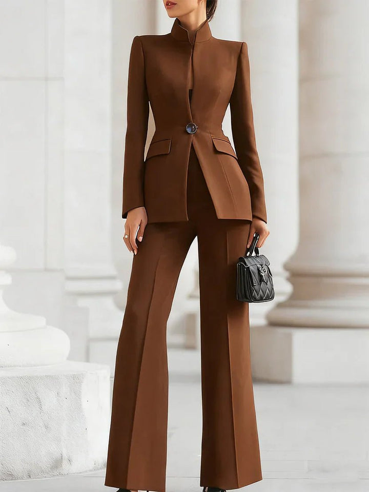Damen Business Hosenanzug Longblazer Schlaghosen - Brown