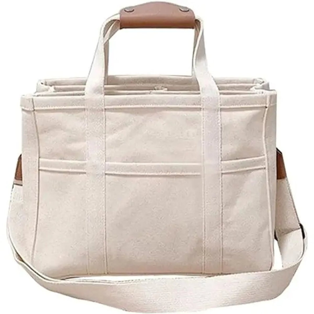 Damen Canvas Tote Bag Crossbody Shopper mit Mehrfachtaschen - Beige