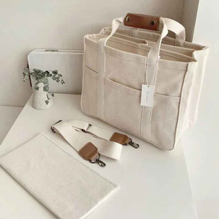 Damen Canvas Tote Bag Crossbody Shopper mit Mehrfachtaschen