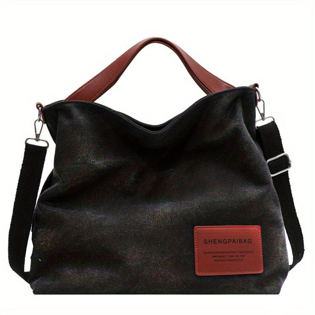 Damen Canvas Tote Bag geräumige Schultertasche verstellbarer Gurt - Schwarz
