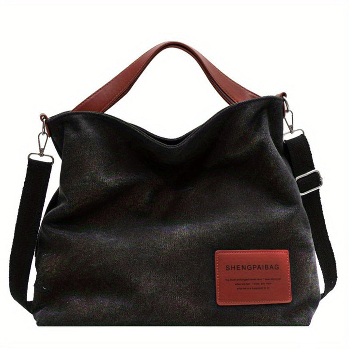 Damen Canvas Tote Bag geräumige Schultertasche verstellbarer Gurt - Schwarz