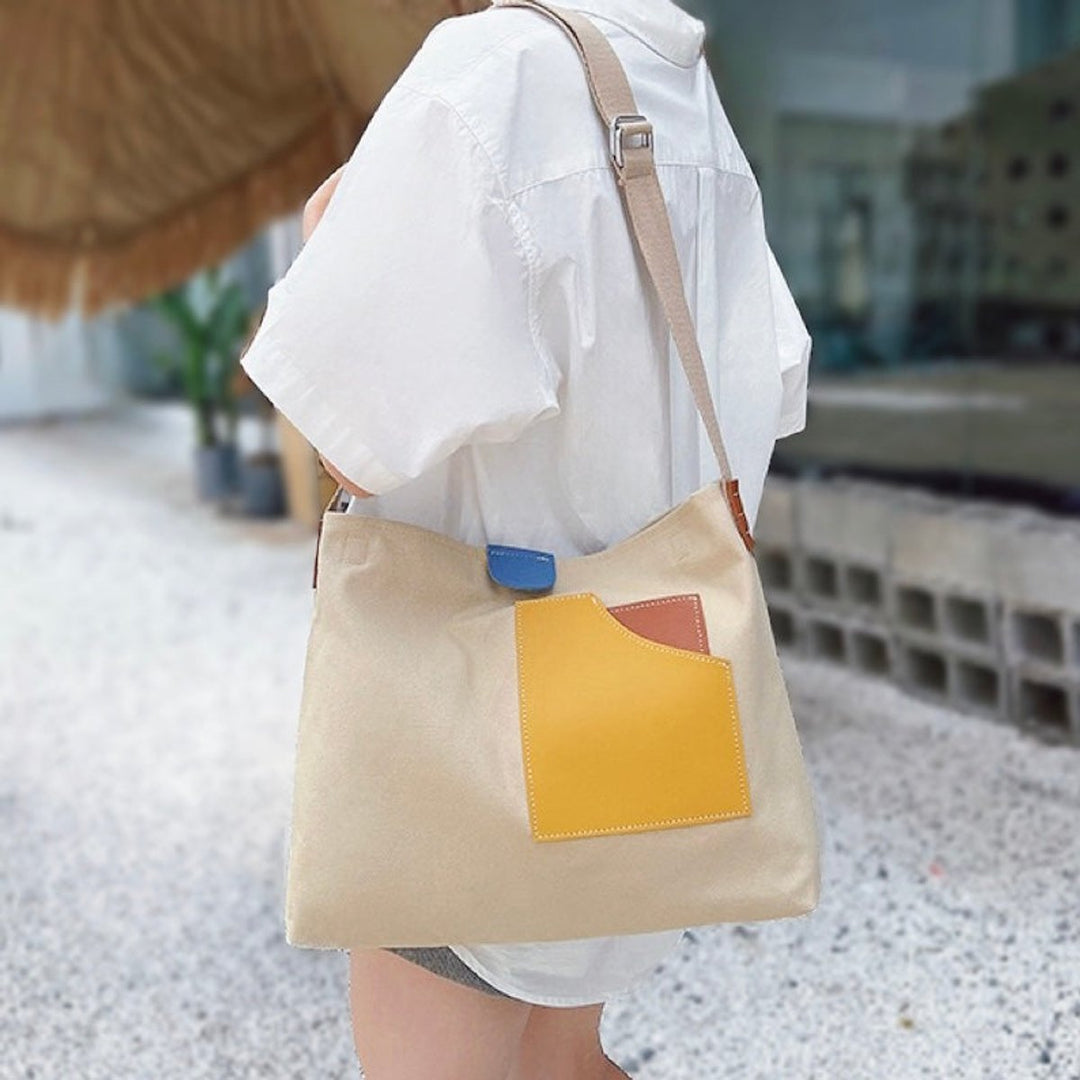 Damen Canvas Tote Bag Umhängetasche Farbblock PU-Leder - Beige
