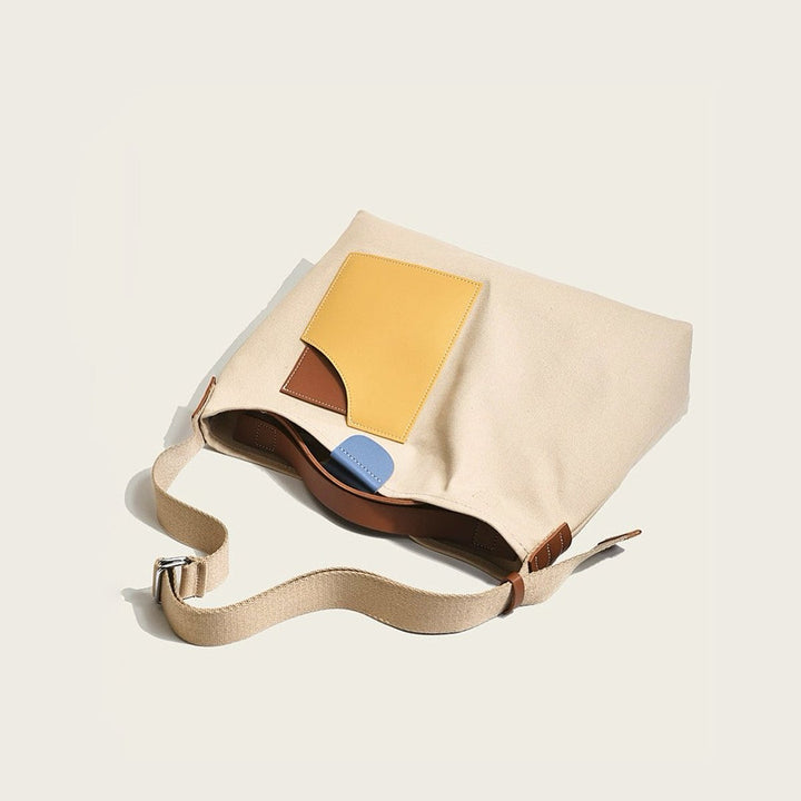 Damen Canvas Tote Bag Umhängetasche Farbblock PU-Leder